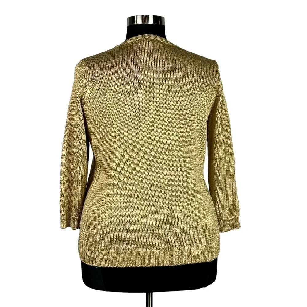 LAUREN RALPH LAUREN METALLIC GOLD V-NECK 3/4 SLEEVE RIBBED PULLOVER SWEATER